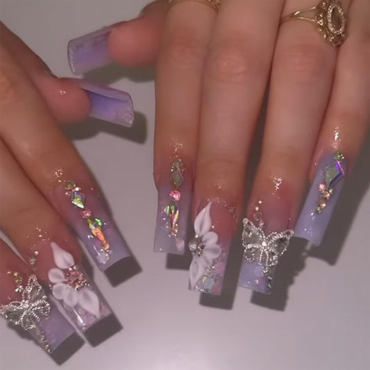 Press on Nails Long Square Fake Nails Purple Gradient Glossy False Nails Full Cover Glue on Nails with Butterfly Rhinestone Designs Artificial Gel Acrylic Squoval Nails Kit Stick on Nails