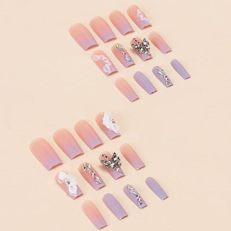 Press on Nails Long Square Fake Nails Purple Gradient Glossy False Nails Full Cover Glue on Nails with Butterfly Rhinestone Designs Artificial Gel Acrylic Squoval Nails Kit Stick on Nails