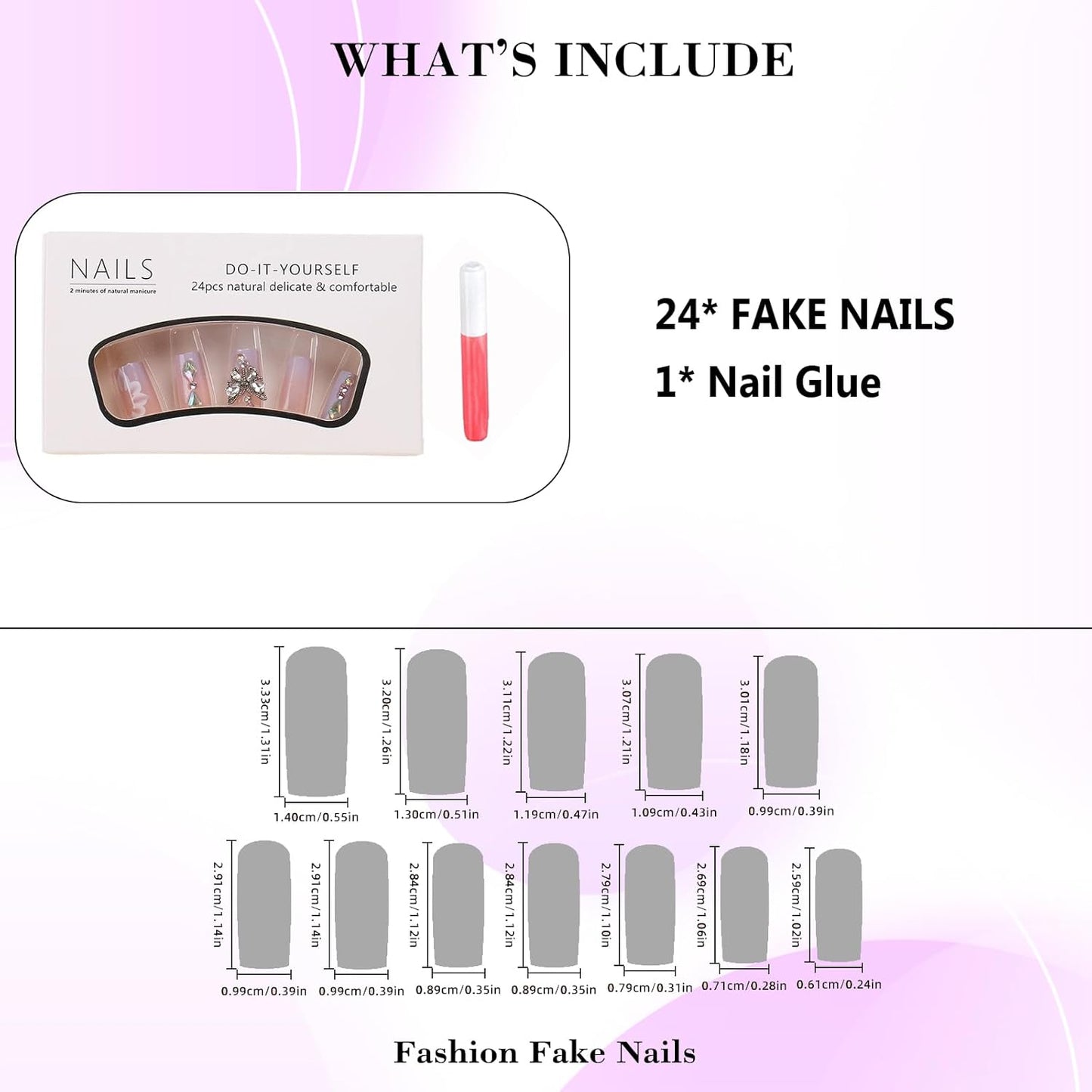 Press on Nails Long Square Fake Nails Purple Gradient Glossy False Nails Full Cover Glue on Nails with Butterfly Rhinestone Designs Artificial Gel Acrylic Squoval Nails Kit Stick on Nails