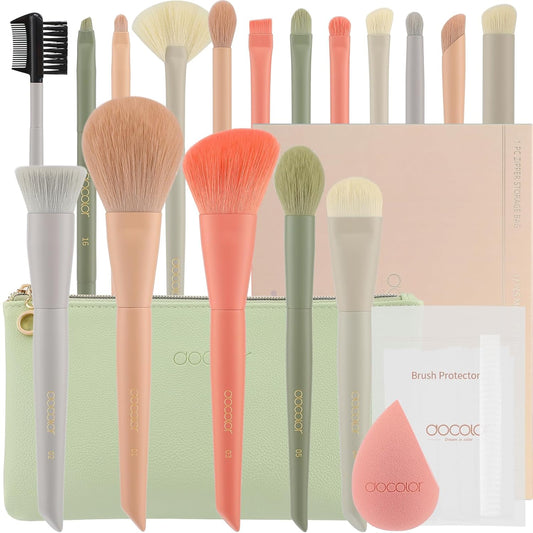 Makeup Brushes Set 17Pcs Morandi Makeup Brushes with Makeup Bag and Makeup Sponge and Brush Protector Professional Face Powder Foundation Eye Shadow Concealers Brush Kit Gift Box