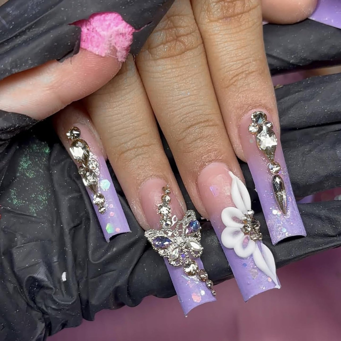 Press on Nails Long Square Fake Nails Purple Gradient Glossy False Nails Full Cover Glue on Nails with Butterfly Rhinestone Designs Artificial Gel Acrylic Squoval Nails Kit Stick on Nails